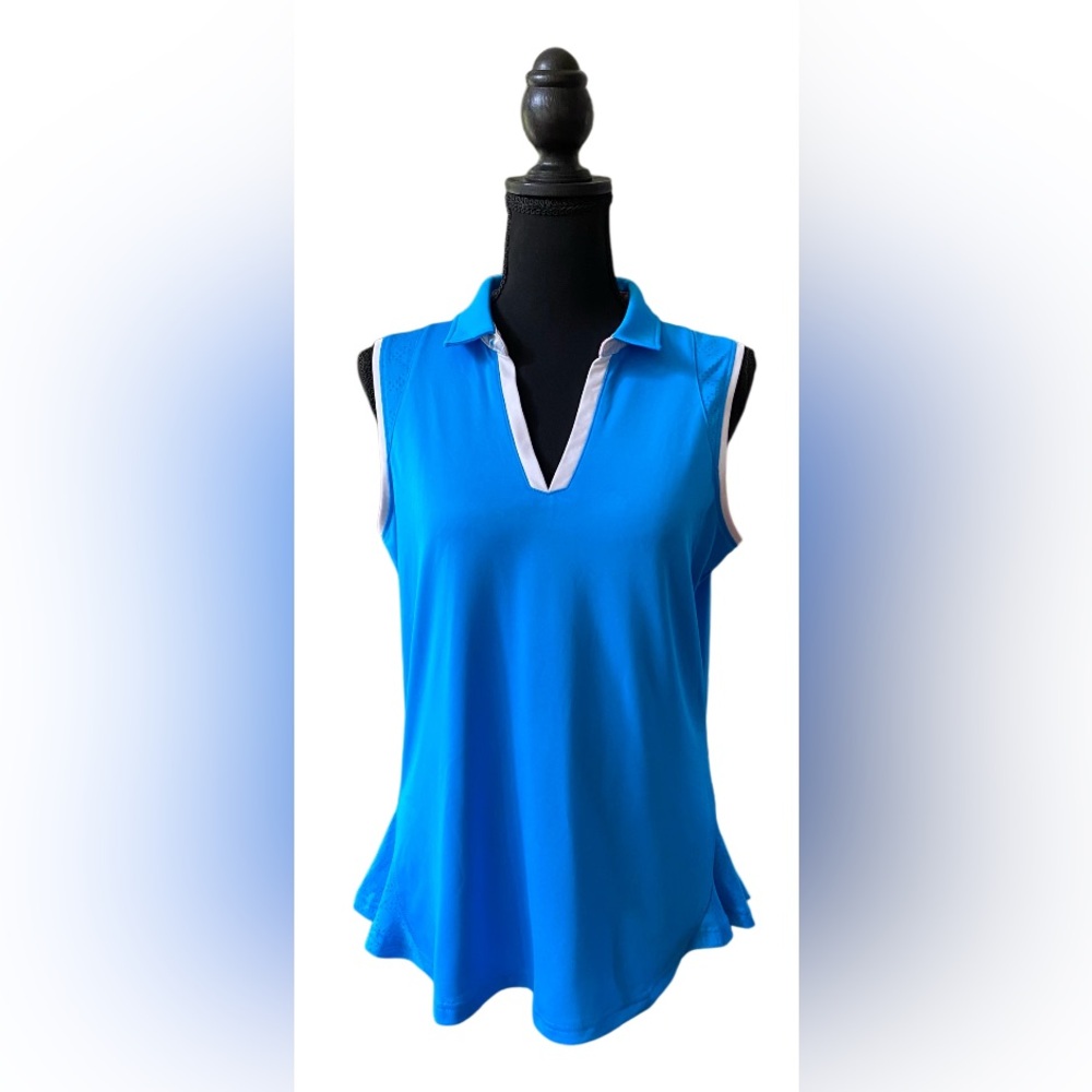 Pebble Beach: Elegant Blue Flutter Bottom Dry Luxe Golf Polo with White Trim